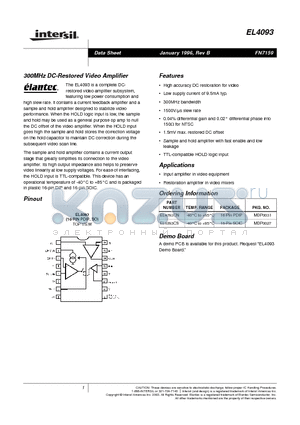 EL4093CS datasheet - 300MHz DC-Restored Video Amplifier