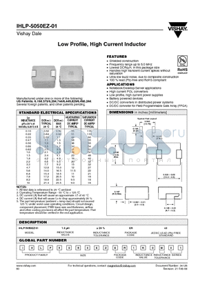 IHLP5050EZER1R0M01 datasheet - Low Profile, High Current Inductor