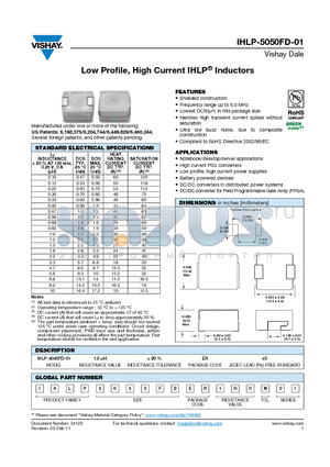 IHLP5050FDERR47M01 datasheet - Low Profile, High Current IHLP^ Inductors