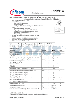 IHP10T120 datasheet - Low Loss DuoPack : IGBT in TrenchStop and Fieldstop technology with soft, fast recovery anti-parallel EmCon HE diode