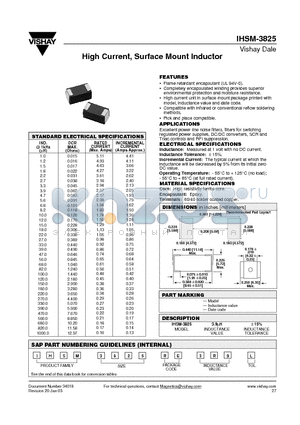 IHSM-3825 datasheet - High Current, Surface Mount Inductor