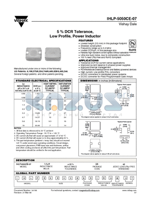 IHLP5050CEER1R0M07 datasheet - 5 % DCR Tolerance, Low Profile, Power Inductor