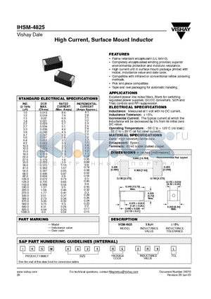 IHSM-4825 datasheet - High Current, Surface Mount Inductor