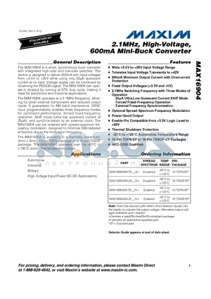 MAX16904SAUE_/V+ datasheet - 2.1MHz, High-Voltage, 600mA Mini-Buck Converter