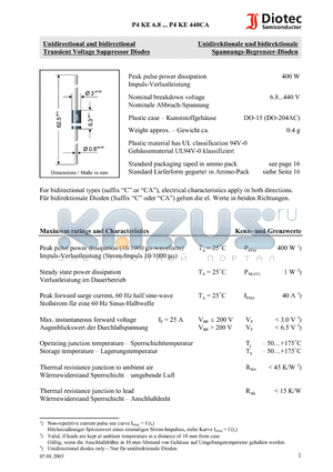 P4KE11 datasheet - Unidirectional and bidirectional Transient Voltage Suppressor Diodes