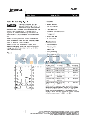 EL4331CSZ-T13 datasheet - Triple 2:1 Mux-Amp AV = 1