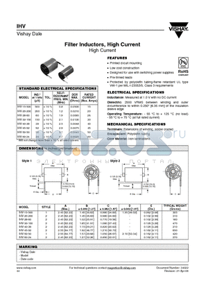 IHV-20-200 datasheet - Filter Inductors, High Current