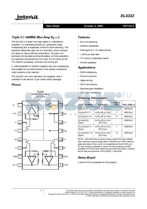 EL4332CSZ-T7 datasheet - Triple 2:1 300MHz Mux-Amp AV = 2