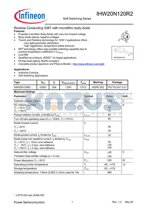 IHW20N120R2 datasheet - Reverse Conducting IGBT with monolithic body diode