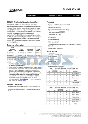 EL4340IUZ datasheet - 500MHz Triple, Multiplexing Amplifiers