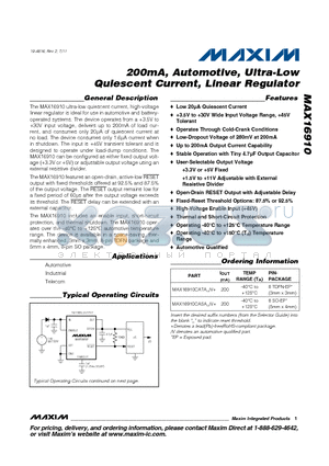 MAX16910CATAV datasheet - 200mA, Automotive, Ultra-Low Quiescent Current, Linear Regulator Automotive Qualified