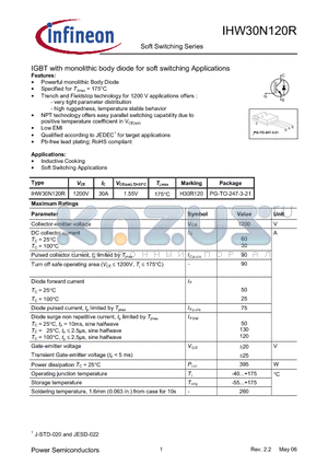 IHW30N120R datasheet - IGBT with monolithic body diode for soft switching Applications