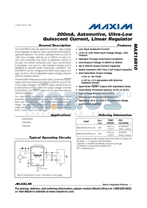 MAX16910CATA_/V+ datasheet - 200mA, Automotive, Ultra-Low Quiescent Current, Linear Regulator
