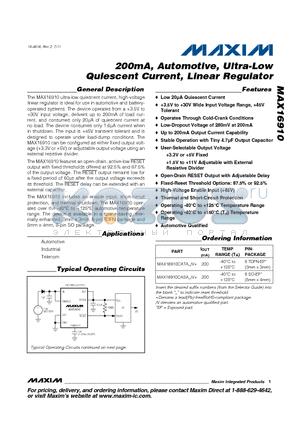 MAX16910CASAV datasheet - 200mA, Automotive, Ultra-Low Quiescent Current, Linear Regulator Automotive Qualified