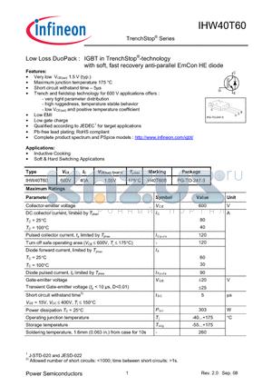 IHW40T60 datasheet - Low Loss DuoPack : IGBT in TrenchStop-technology