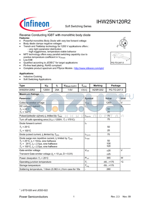 IHW25N120R2 datasheet - Reverse Conducting IGBT with monolithic body diode