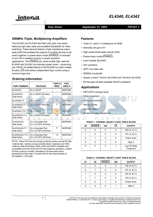 EL4340IU-T7 datasheet - 500MHz Triple, Multiplexing Amplifiers