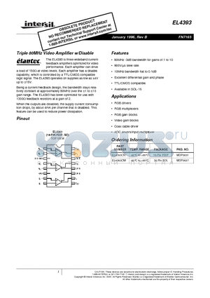 EL4393 datasheet - Triple 80MHz Video Amplifier w/Disable