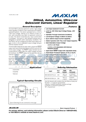 MAX16910 datasheet - 200mA, Automotive, Ultra-Low Quiescent Current, Linear Regulator