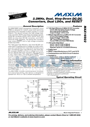 MAX16922_12 datasheet - 2.2MHz, Dual, Step-Down DC-DC Converters, Dual LDOs, and RESET