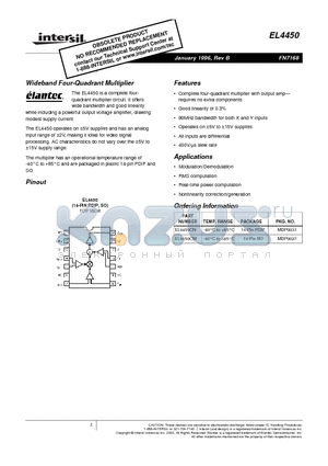 EL4450CN datasheet - Wideband Four-Quadrant Multiplier