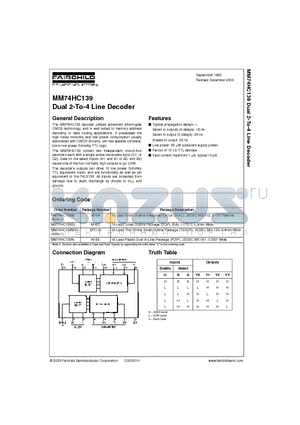 MM74HC139 datasheet - Dual 2-To-4 Line Decoder