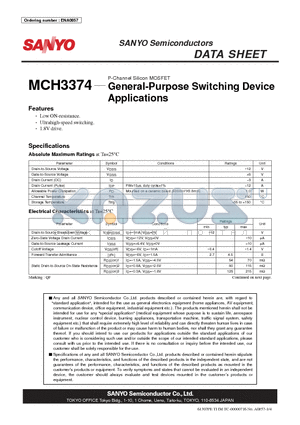 MCH3374 datasheet - P-Channel Silicon MOSFET General-Purpose Switching Device Applications