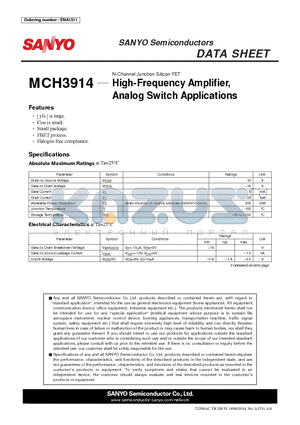 MCH3914 datasheet - High-Frequency Amplifi er, Analog Switch Applications