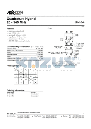 JH-10-4BNC datasheet - Quadrature Hybrid 20 - 140 MHz