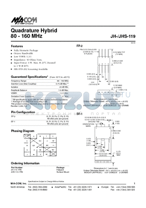 JH-119PIN datasheet - Quadrature Hybrid 80 - 160 MHz