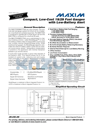 MAX17043 datasheet - Compact, Low-Cost 1S/2S Fuel Gauges with Low-Battery Alert