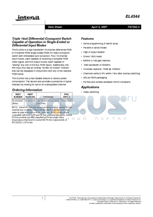 EL4544IGZ datasheet - Triple 16x5 Differential Crosspoint Switch Capable of Operation in Single-Ended or Differential Input Modes