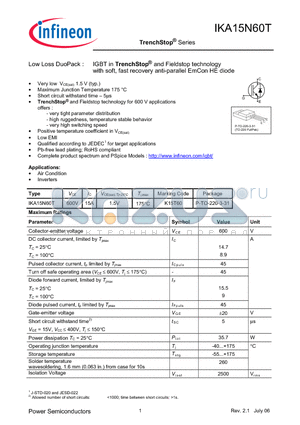 IKA15N60T datasheet - Low Loss DuoPack : IGBT in TrenchStop and Fieldstop technology with soft, fast recovery anti-parallel EmCon HE diode