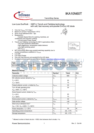 IKA10N60T datasheet - IGBT in Trench and Fieldstop technology with soft, fast recovery anti-parallel EmCon HE diode