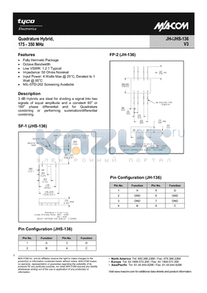 JH-136PIN datasheet - Quadrature Hybrid, 175 - 350 MHz