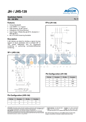 JH-139PIN datasheet - Quadrature Hybrid, 250 - 500 MHz