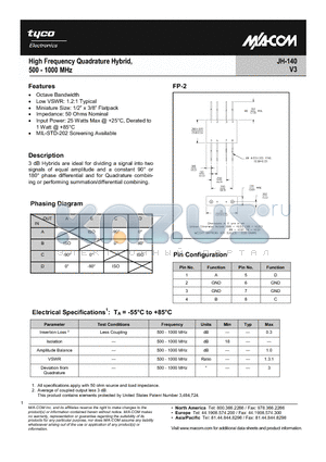 JH-140_1 datasheet - High Frequency Quadrature Hybrid, 500 - 1000 MHz
