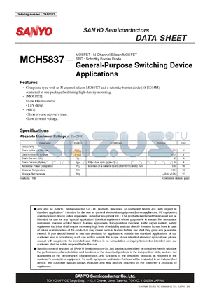 MCH5837 datasheet - MOSFET : N-Channel Silicon MOSFET SBD : Schottky Barrier Diode General-Purpose Switching Device