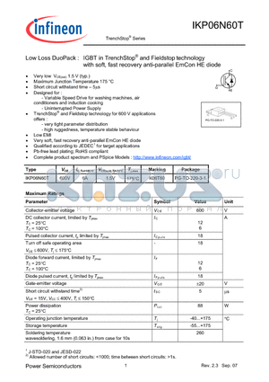 IKP06N60T datasheet - Low Loss DuoPack : IGBT in TrenchStop and Fieldstop technology