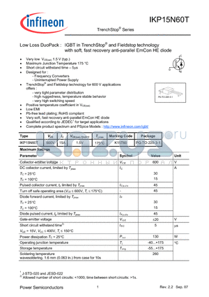 IKP15N60T datasheet - Low Loss DuoPack : IGBT in TrenchStop and Fieldstop technology