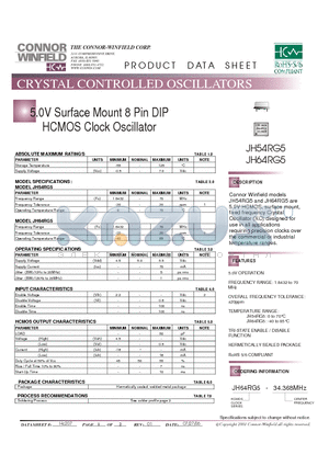 JH64RG5 datasheet - 5.0V Surface Mount 8 Pin DIP HCMOS Clock Oscillator