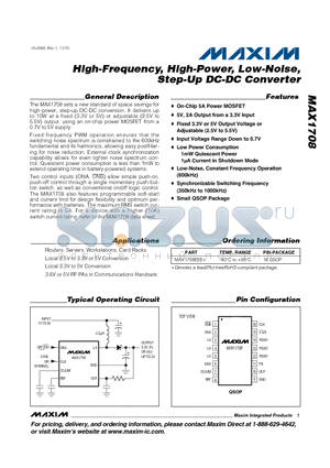 MAX1708 datasheet - High-Frequency, High-Power, Low-Noise, Step-Up DC-DC Converter