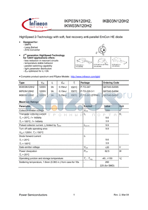 IKW03N120H2 datasheet - HighSpeed 2-Technology with soft, fast recovery anti-parallel EmCon HE diode