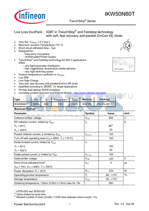 IKW50N60T datasheet - Low Loss DuoPack : IGBT in TrenchStop and Fieldstop technology
