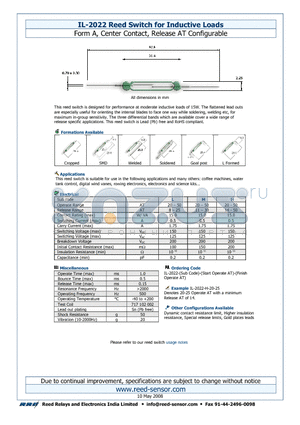 IL-2022-H datasheet - Reed Switch for Inductive Loads
