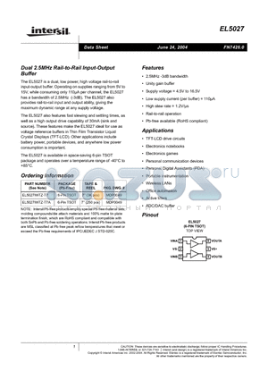 EL5027IWTZ-T7A datasheet - Dual 2.5MHz Rail-to-Rail Input-Output Buffer