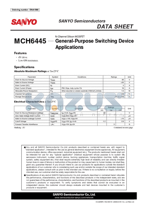 MCH6445 datasheet - N-Channel Silicon MOSFET General-Purpose Switching Device Applications