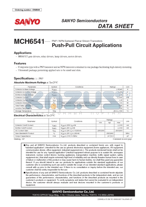 MCH6541 datasheet - PNP / NPN Epitaxial Planar Silicon Transistors Push-Pull Circuit Applications