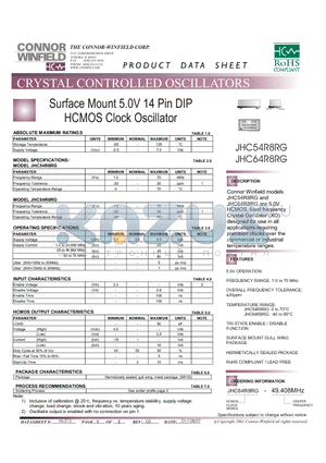 JHC54R8RG datasheet - Surface Mount 5.0V 14 Pin DIP HCMOS Clock Oscillator