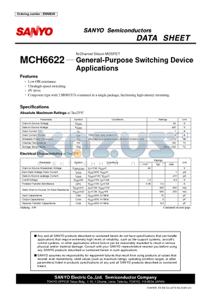 MCH6622 datasheet - N-Channel Silicon MOSFET General-Purpose Switching Device Applications